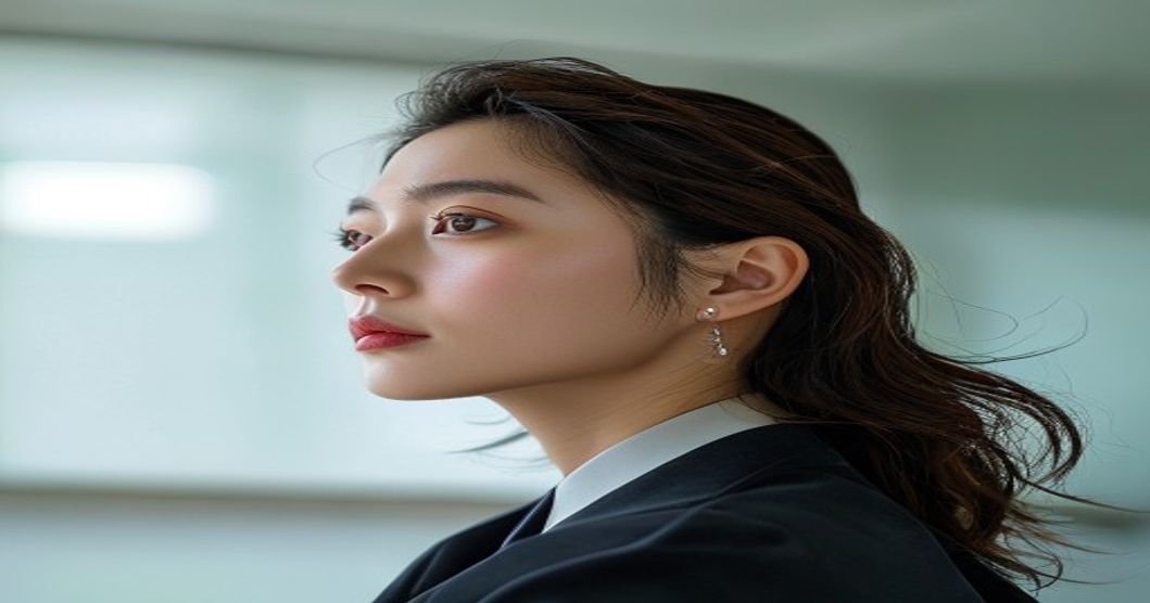 에어컨 바람을 받으며 피부 건조함을 확인하는 여성의 모습