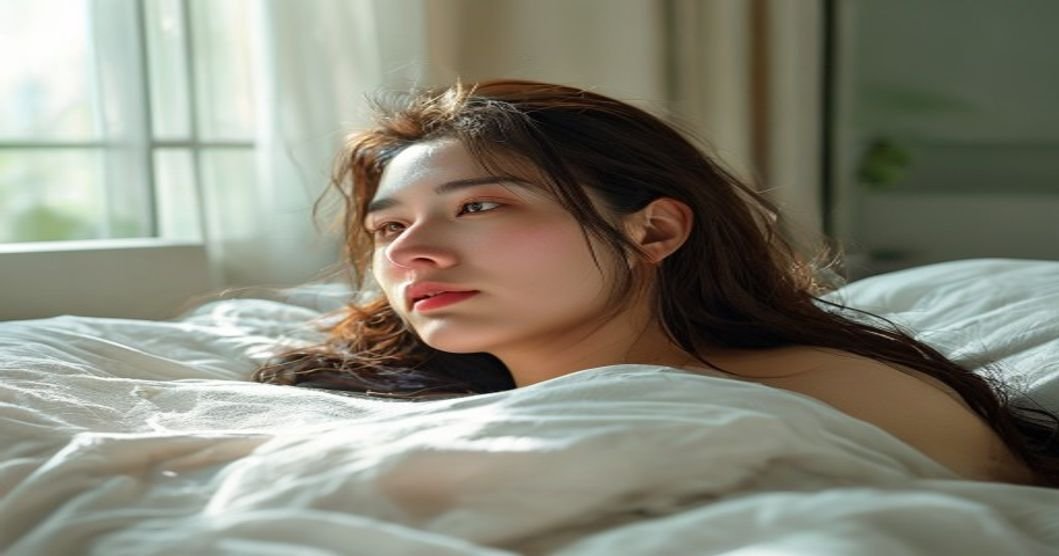야간 수면 중 실크 아이 마스크 착용 장면 — 눈가 주름 예방 효과 시뮬레이션
